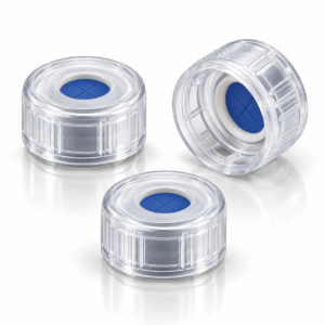 11mm Transparent PE Preassembled Snap Cap & Septa – White Silicone/Blue PTFE, Cross-Slitted