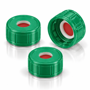11mm Green PE Preassembled Snap Cap & Septa – White PTFE/Red Rubber
